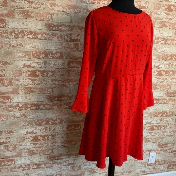 Old Navy Red Black Polka Dot Dress Womens Size Large L Long Bell Sleeve Casual - Picture 2 of 8